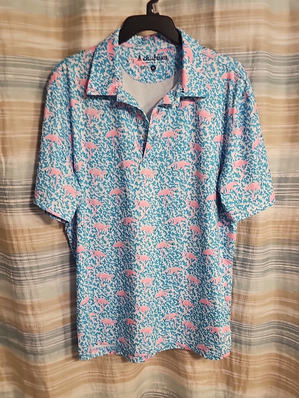 Chubbies Men's Blue Polo with Pink Flamingo Print